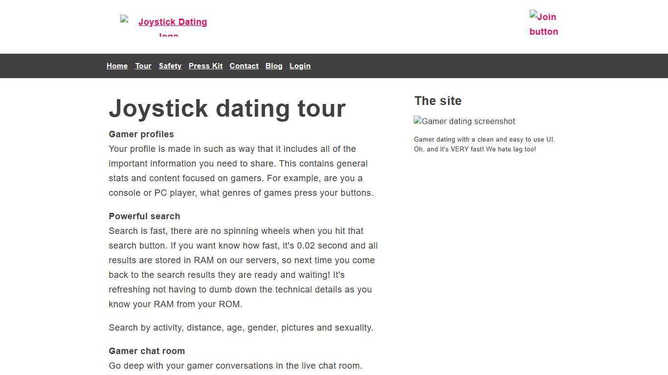Joystick dating site features